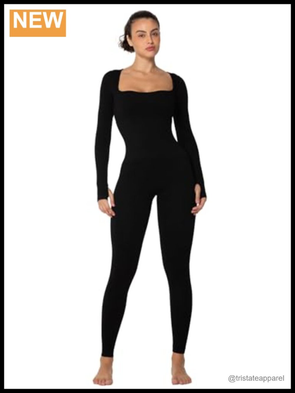 Ribbed Jumpsuit Long Sleeve Square Neck Romper Yoga Athleisure